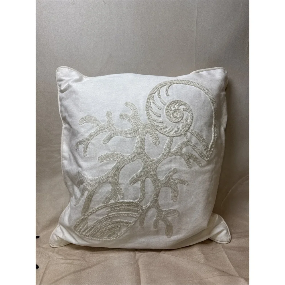 Neutral Embroidered Coastal Shell‎ Coral Pillow VGUC White Duck Feather Fill